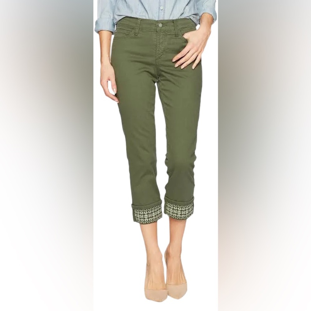 NYDJ Dayla Wide Cuff Capri Olive Green Embroidered Cuff “Lift Tuck” Size 14